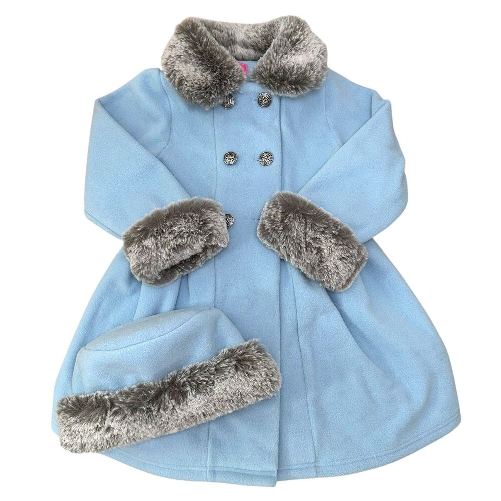 Good Lad Girls Lt. Blue Formal Fleece Winter Pea Coat & Fur Hat Set Coquette 4T